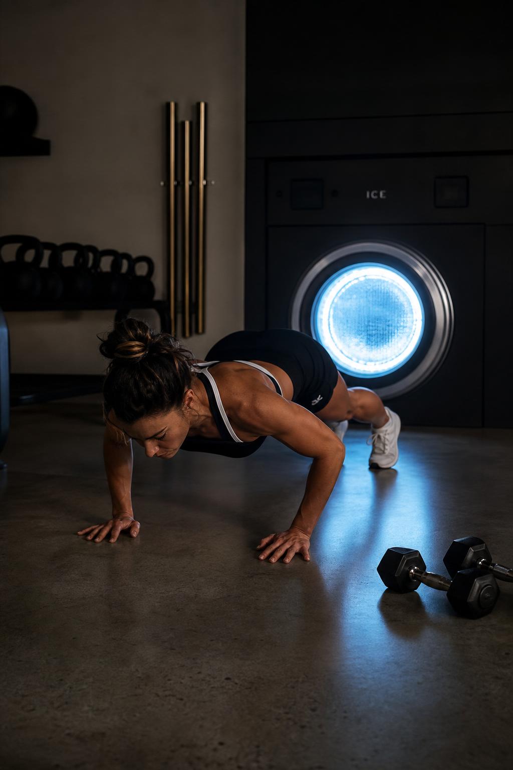 A member completing a single calibrated minute of push-ups in front of the studio timer