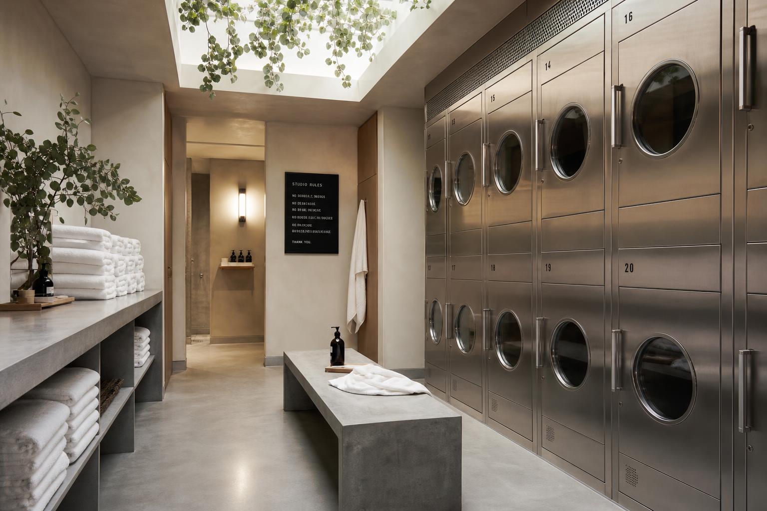 The TOMS members' locker room with porthole lockers and folded towels