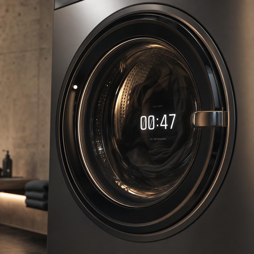 Close-up of the calibrated 60-second timer in a studio washing machine porthole